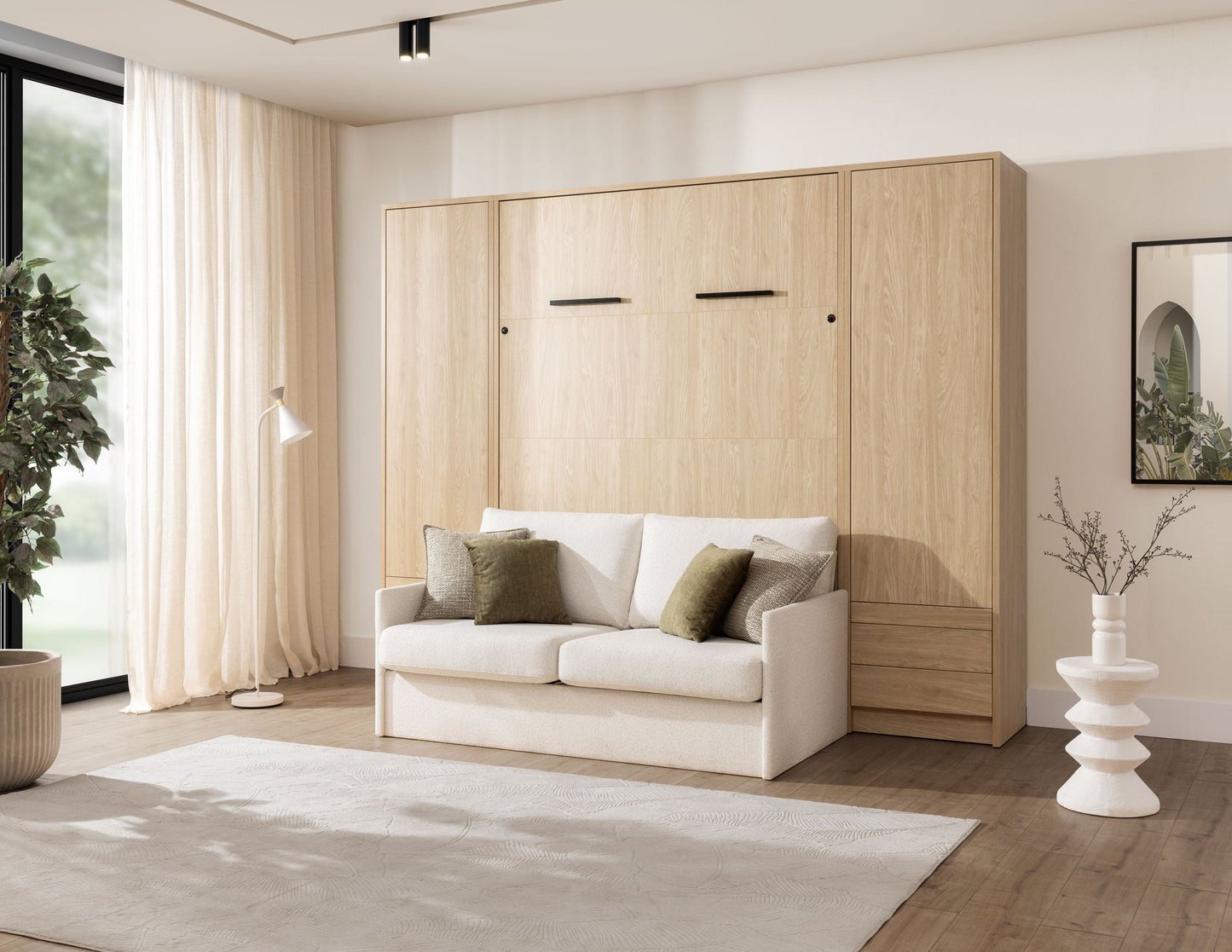 Genius Murphy Bed with Sofa Oiled Oak 140 x 200 cm, LED Lighting