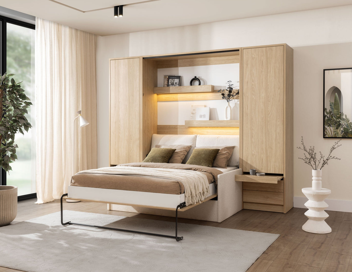 Genius Murphy Bed with Sofa Oiled Oak 140 x 200 cm, LED Lighting