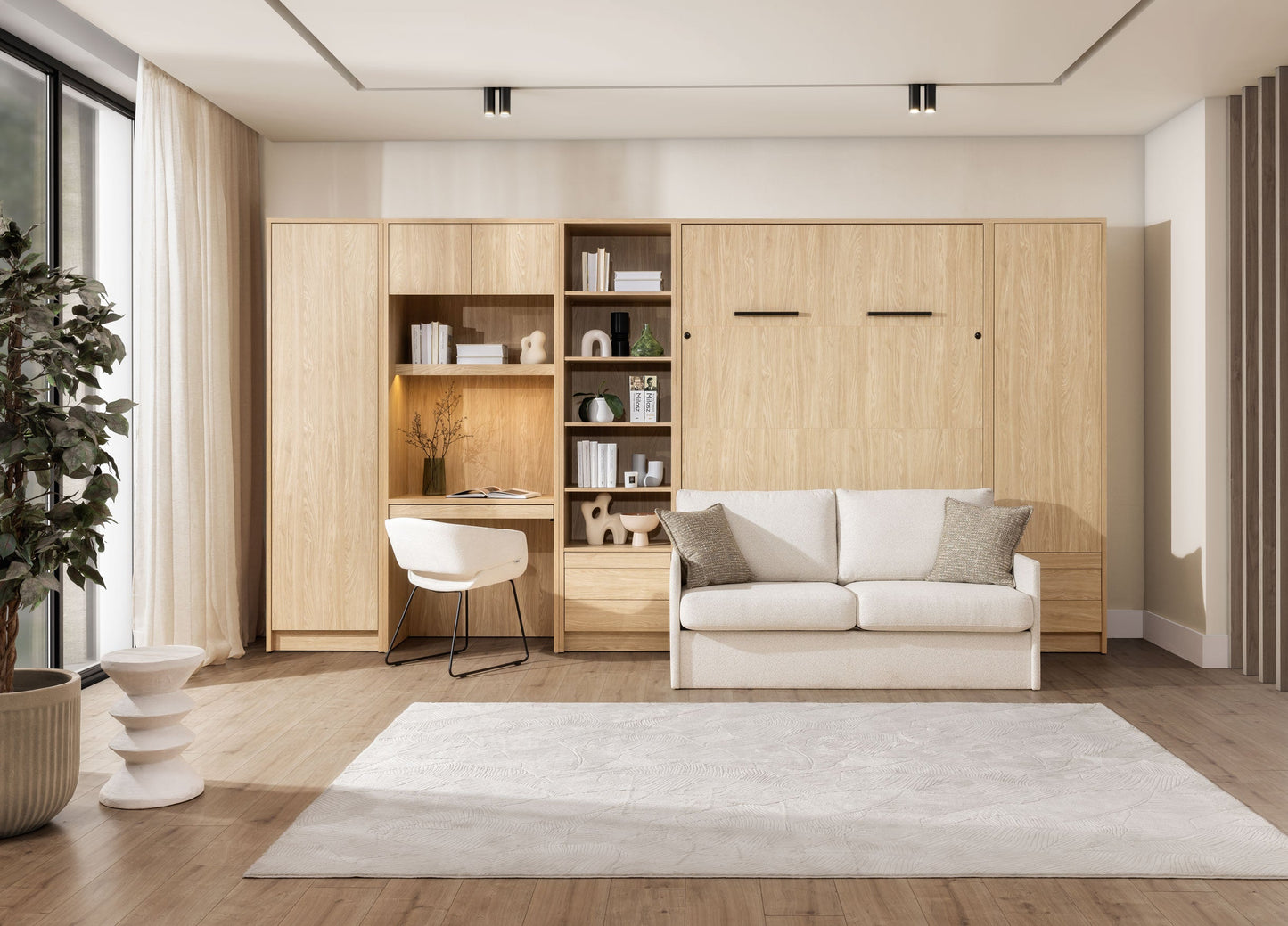 Genius Murphy Bed with Sofa Oiled Oak 140 x 200 cm, LED Lighting