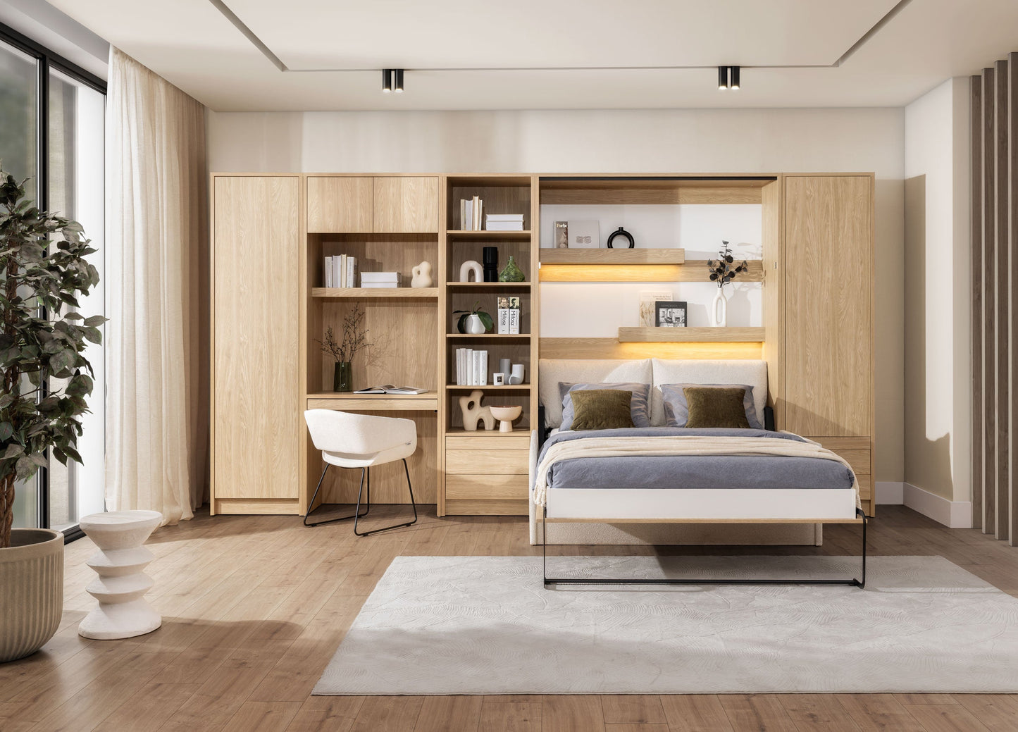 Genius Murphy Bed with Sofa Oiled Oak 140 x 200 cm, LED Lighting