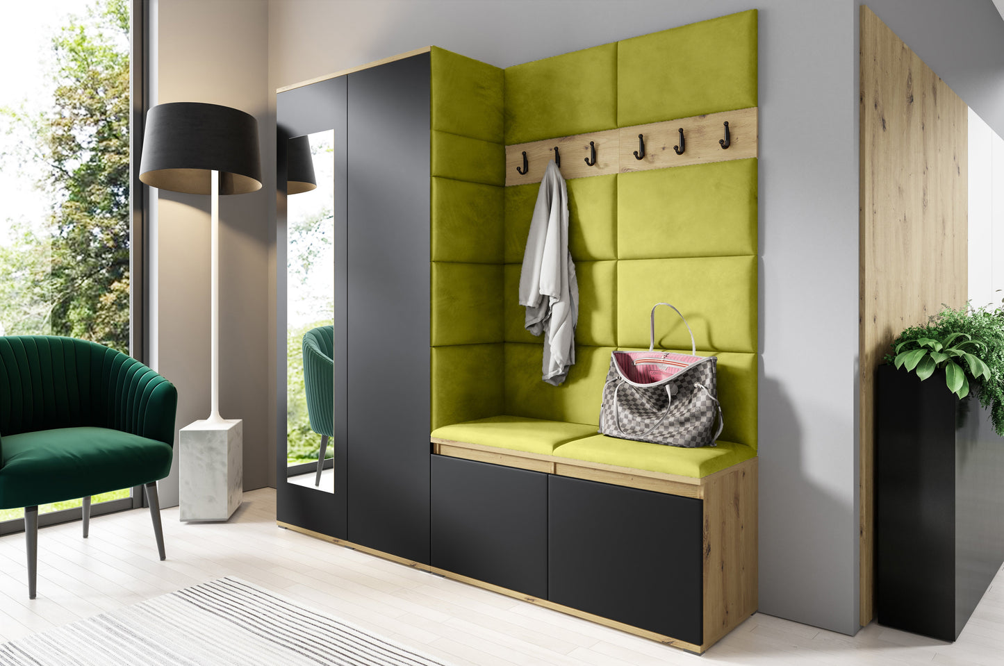 PK Emi 8 Hallway Wardrobe Artisan Oak / Black - Upholstered Panels in Various Colours