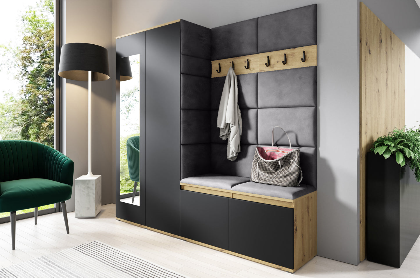 PK Emi 8 Hallway Wardrobe Artisan Oak / Black - Upholstered Panels in Various Colours