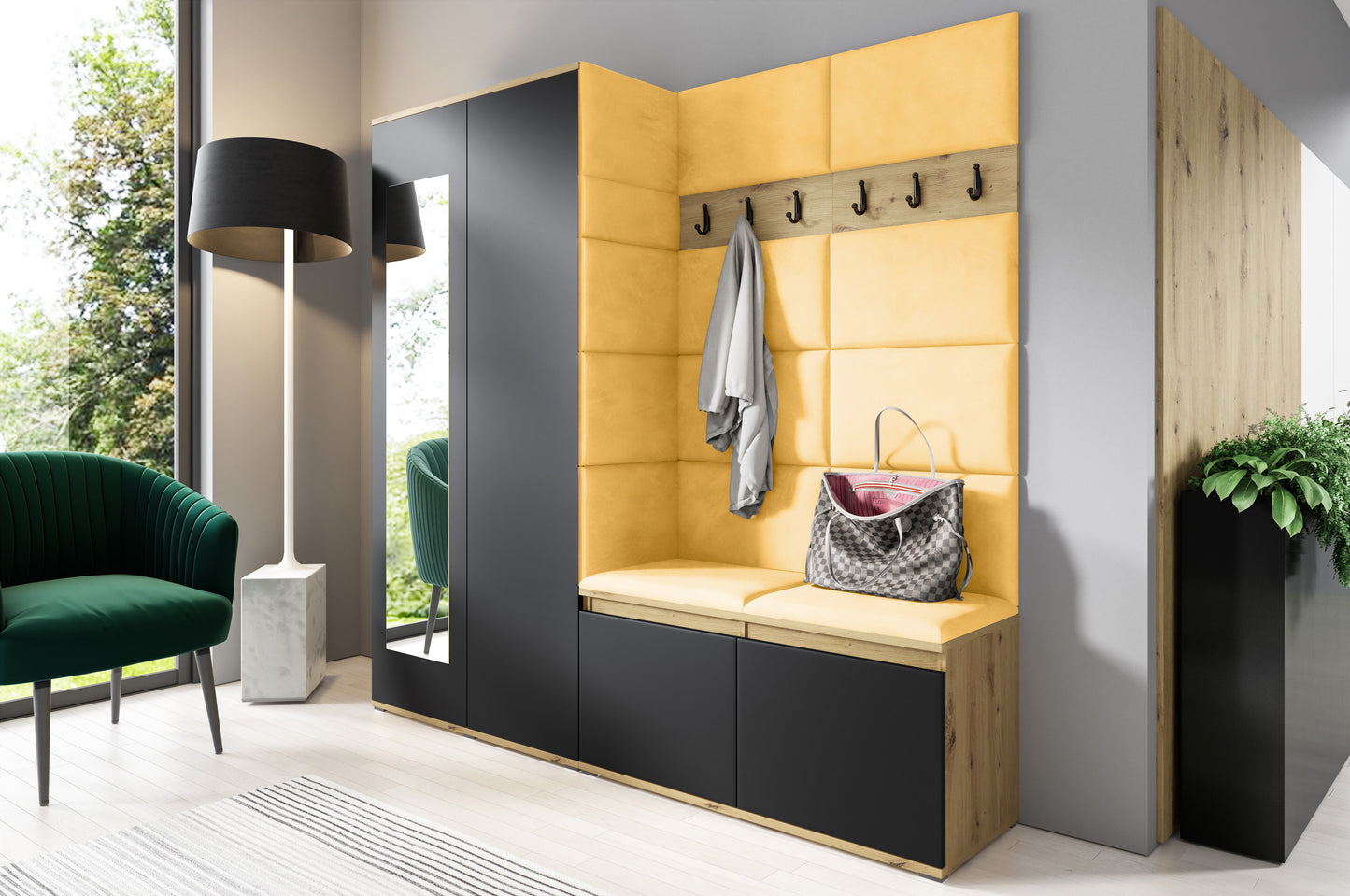 PK Emi 8 Hallway Wardrobe Artisan Oak / Black - Upholstered Panels in Various Colours