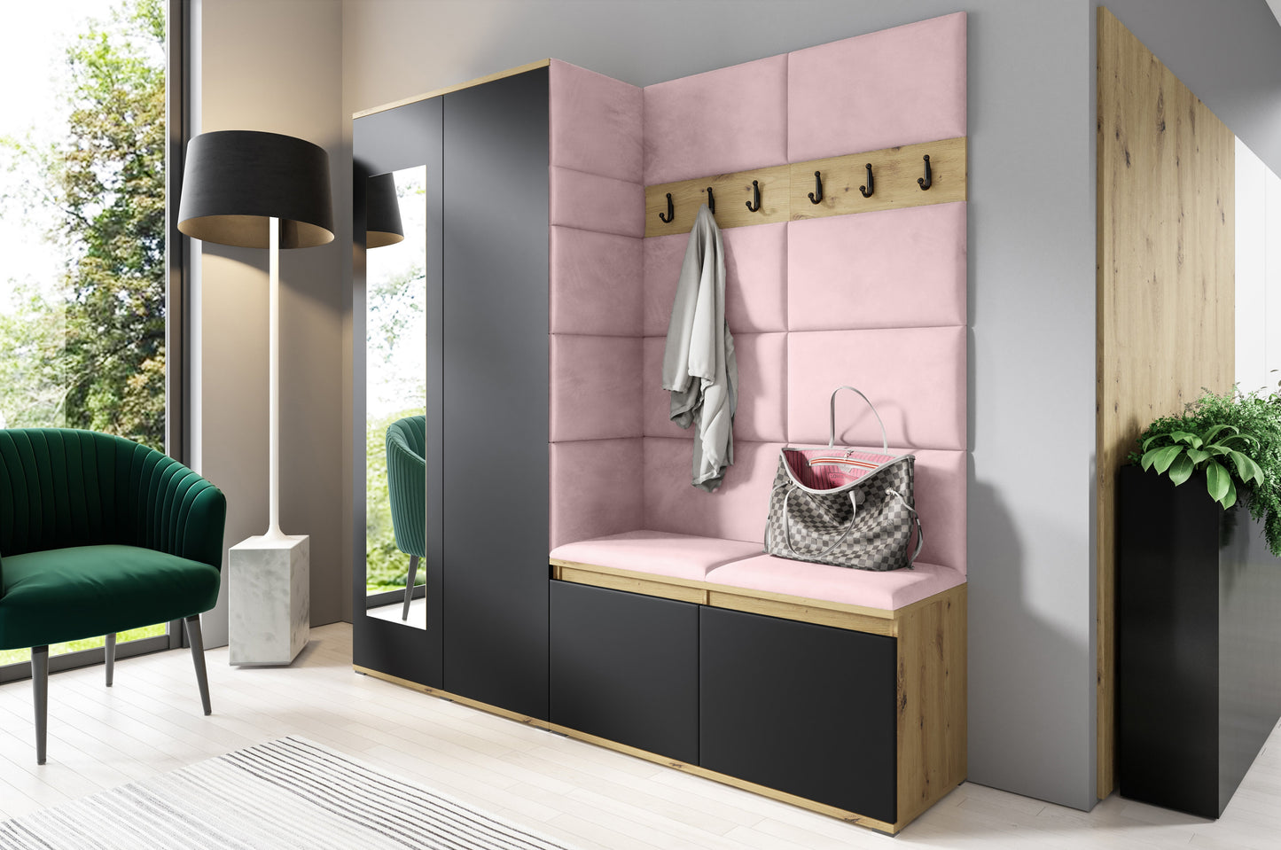 PK Emi 8 Hallway Wardrobe Artisan Oak / Black - Upholstered Panels in Various Colours