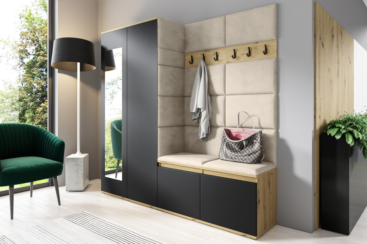 PK Emi 8 Hallway Wardrobe Artisan Oak / Black - Upholstered Panels in Various Colours