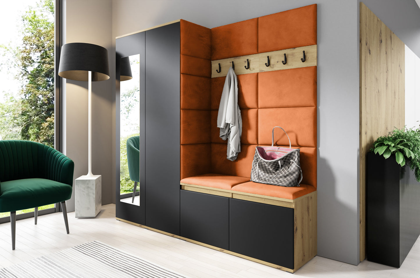 PK Emi 8 Hallway Wardrobe Artisan Oak / Black - Upholstered Panels in Various Colours