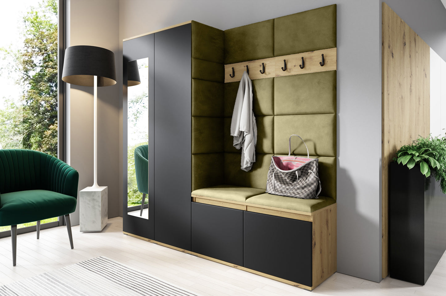 PK Emi 8 Hallway Wardrobe Artisan Oak / Black - Upholstered Panels in Various Colours