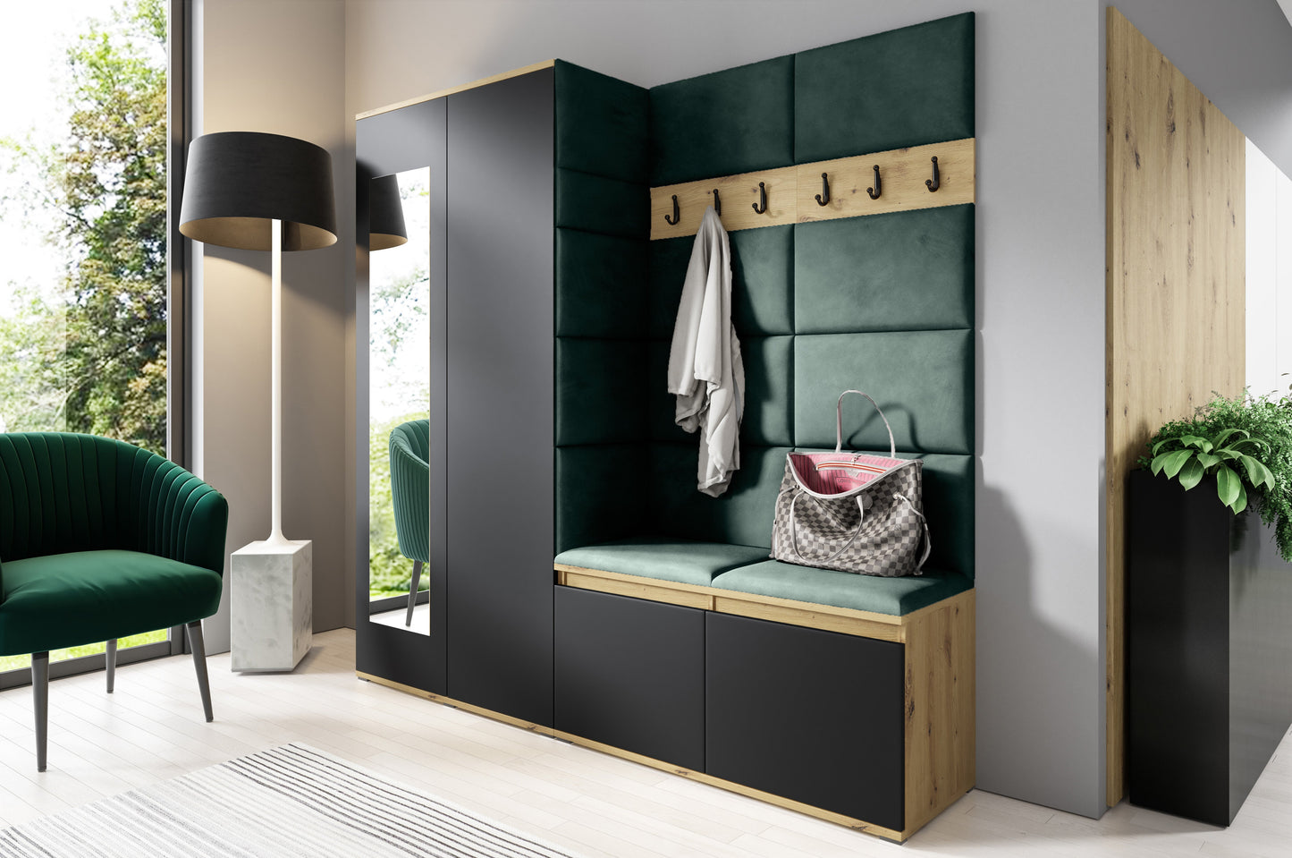 PK Emi 8 Hallway Wardrobe Artisan Oak / Black - Upholstered Panels in Various Colours