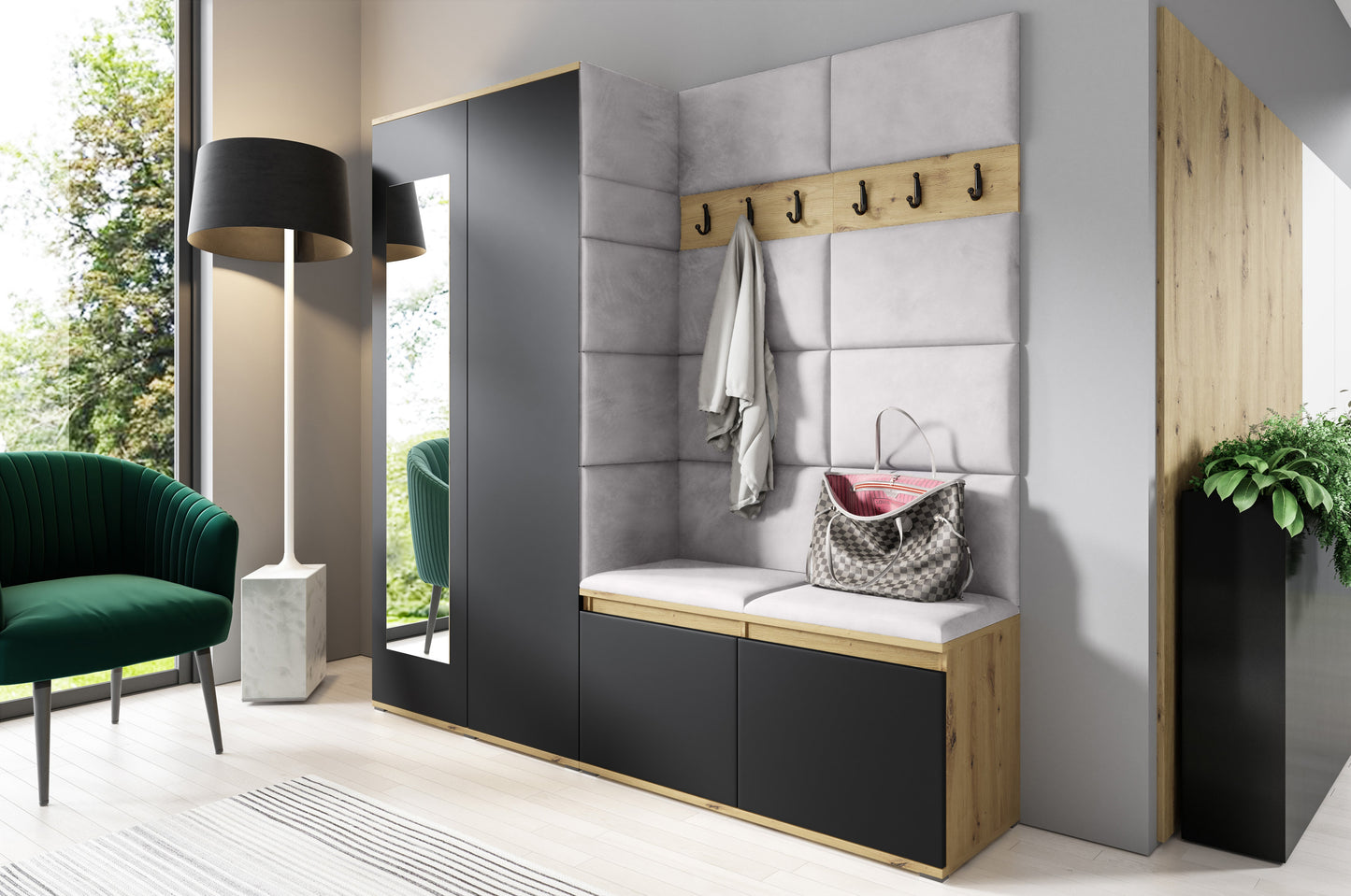 PK Emi 8 Hallway Wardrobe Artisan Oak / Black - Upholstered Panels in Various Colours