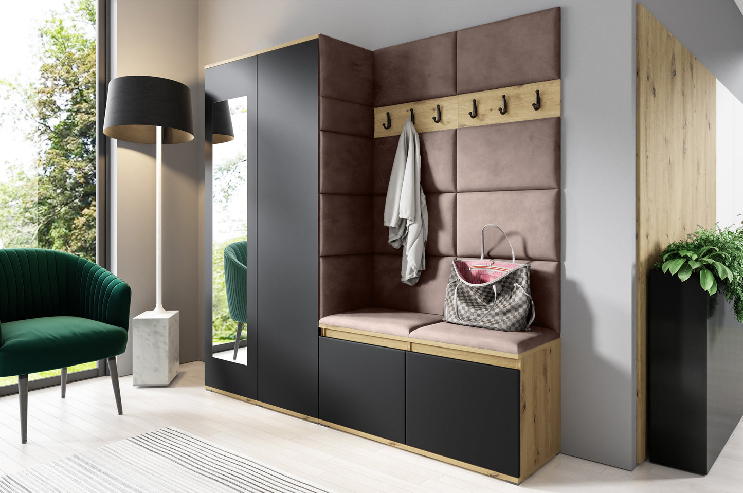 PK Emi 8 Hallway Wardrobe Artisan Oak / Black - Upholstered Panels in Various Colours