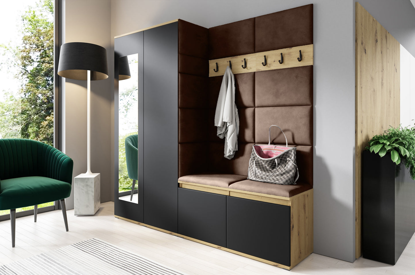 PK Emi 8 Hallway Wardrobe Artisan Oak / Black - Upholstered Panels in Various Colours