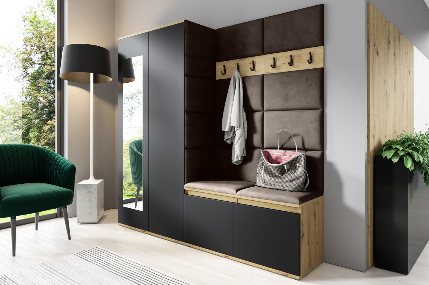 PK Emi 8 Hallway Wardrobe Artisan Oak / Black - Upholstered Panels in Various Colours