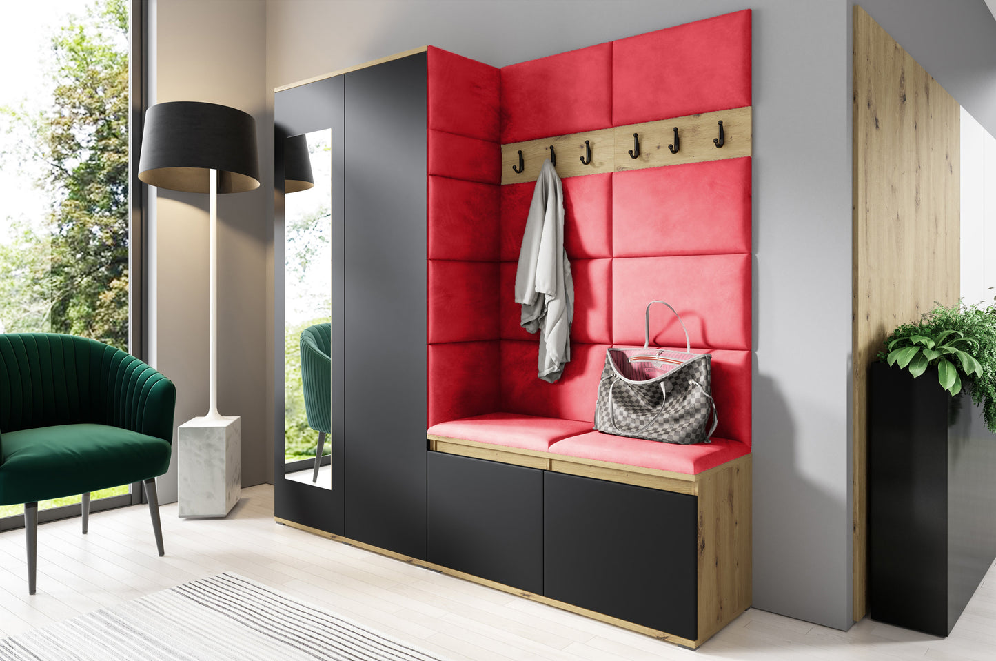 PK Emi 8 Hallway Wardrobe Artisan Oak / Black - Upholstered Panels in Various Colours