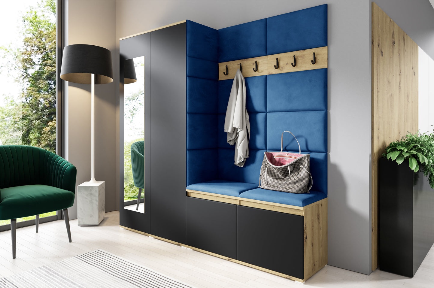 PK Emi 8 Hallway Wardrobe Artisan Oak / Black - Upholstered Panels in Various Colours