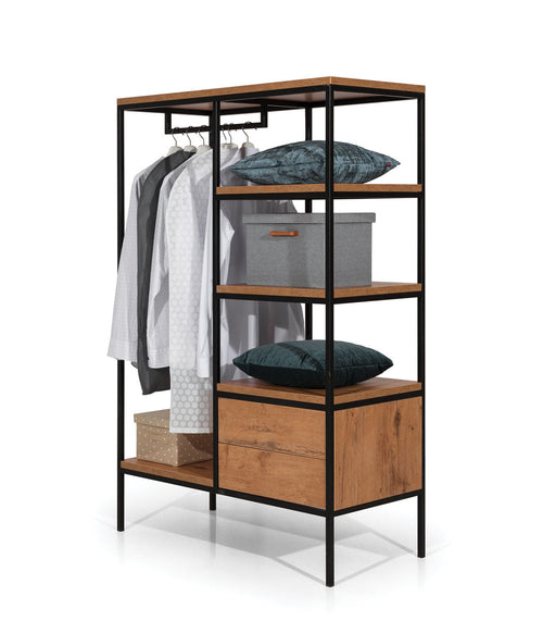 NE Loft Shelf Unit with Hanging Rail, Shelves & Drawers – 106 cm