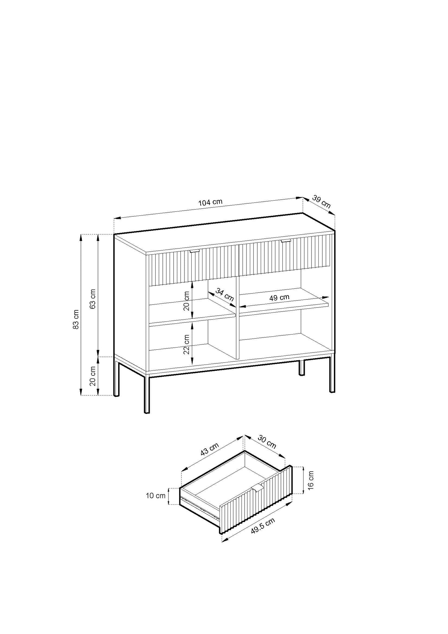 Nova Dresser Cashmere - Modern Design with Two Doors and Two Drawers