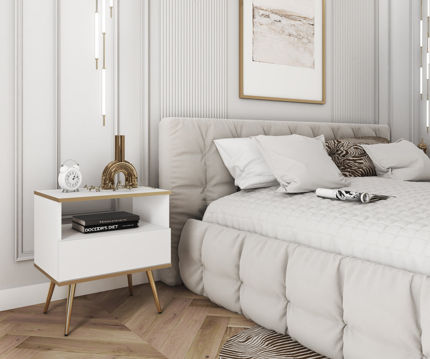 Oro S54 Nightstand in White with Gold Legs