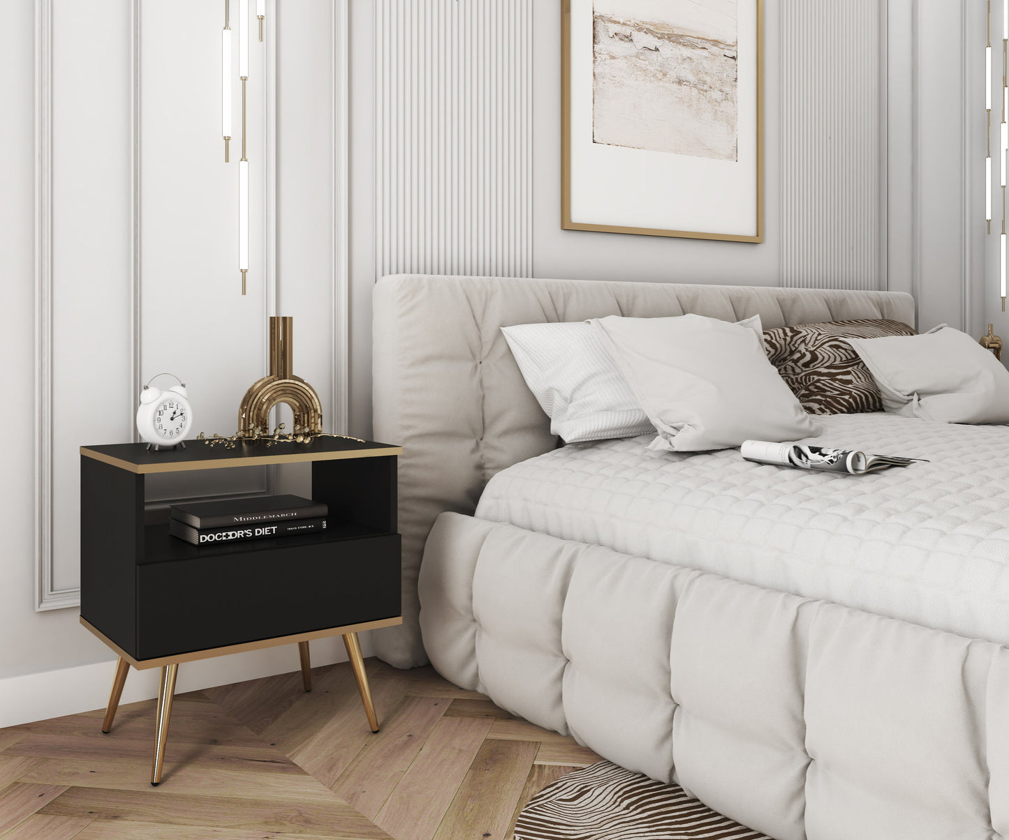 Oro S54 Nightstand in Black with Gold Legs