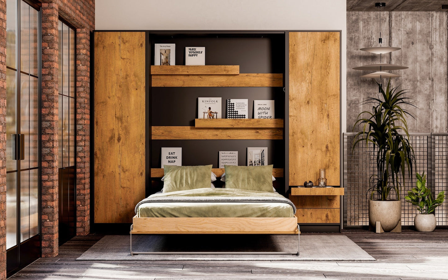 Customizable Murphy Bed Basic Vertical Furniture Set Black and Lancelot Oak 90, 120, 140 x 200 cm