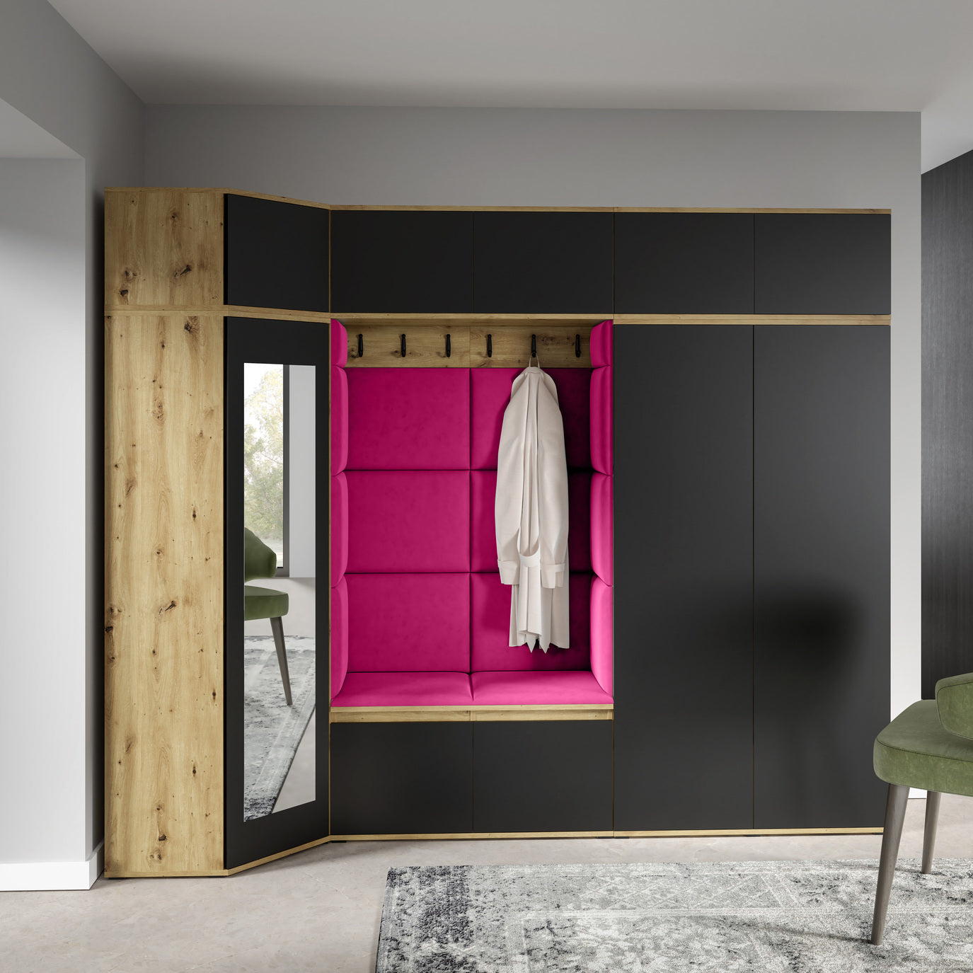 PK Emi 39 Hallway Wardrobe Artisan Oak / Black - Upholstered Panels in Various Colours