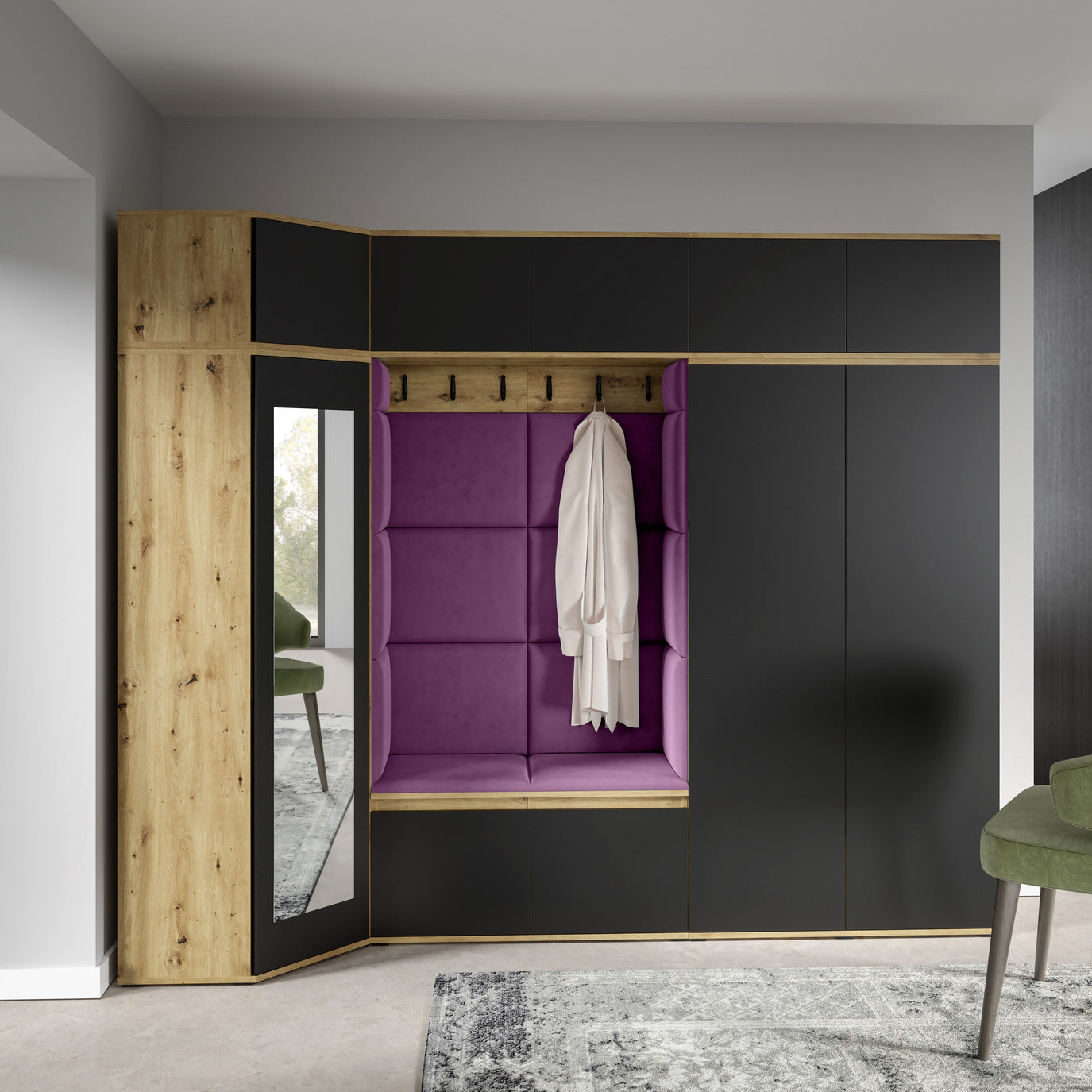 PK Emi 39 Hallway Wardrobe Artisan Oak / Black - Upholstered Panels in Various Colours