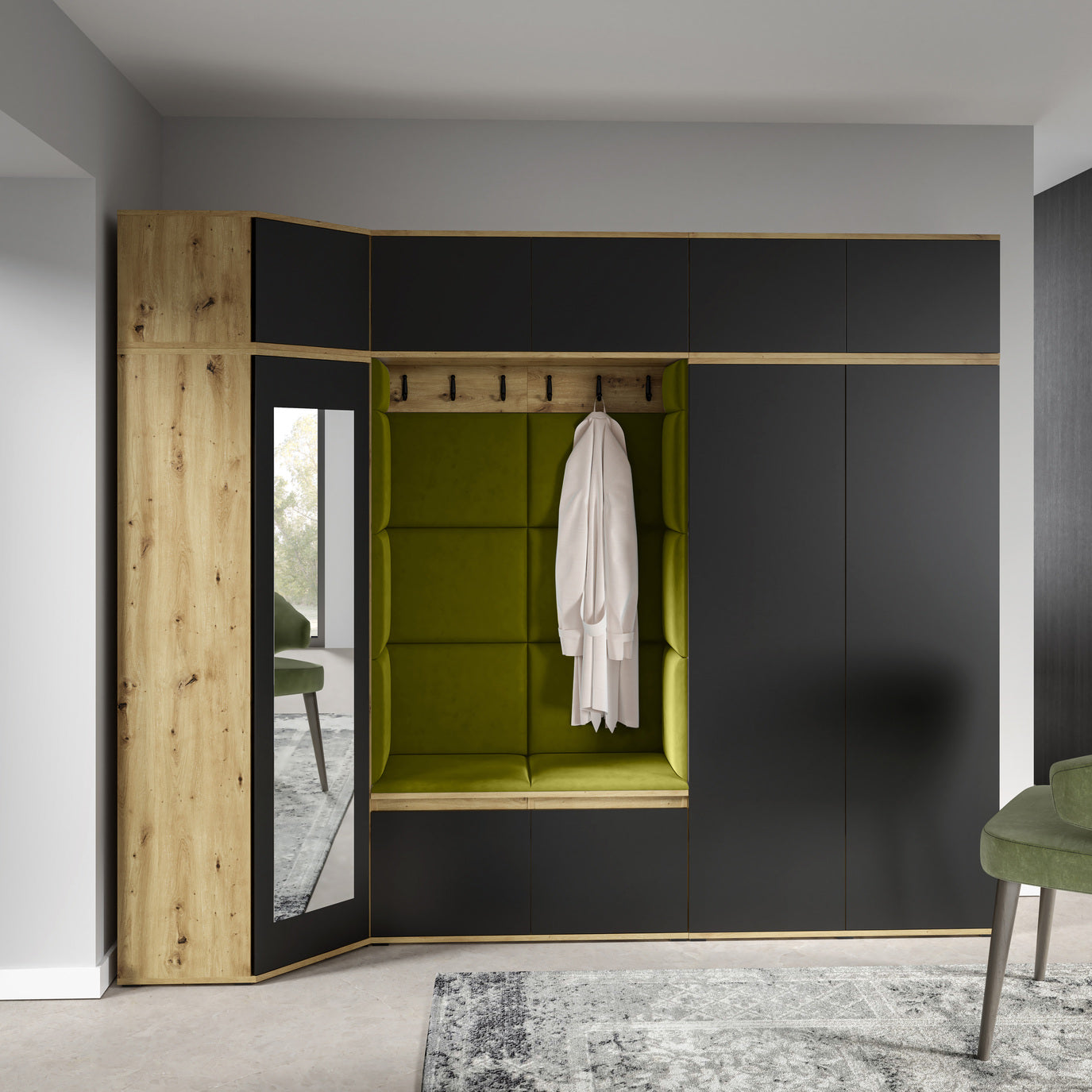 PK Emi 39 Hallway Wardrobe Artisan Oak / Black - Upholstered Panels in Various Colours