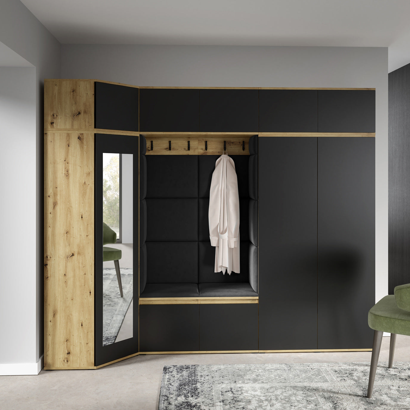 PK Emi 39 Hallway Wardrobe Artisan Oak / Black - Upholstered Panels in Various Colours