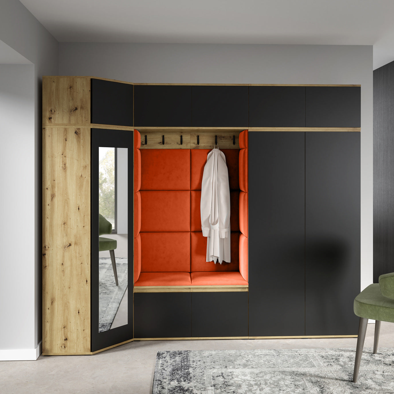 PK Emi 39 Hallway Wardrobe Artisan Oak / Black - Upholstered Panels in Various Colours