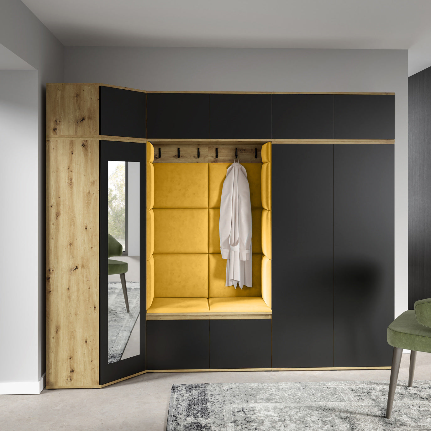 PK Emi 39 Hallway Wardrobe Artisan Oak / Black - Upholstered Panels in Various Colours