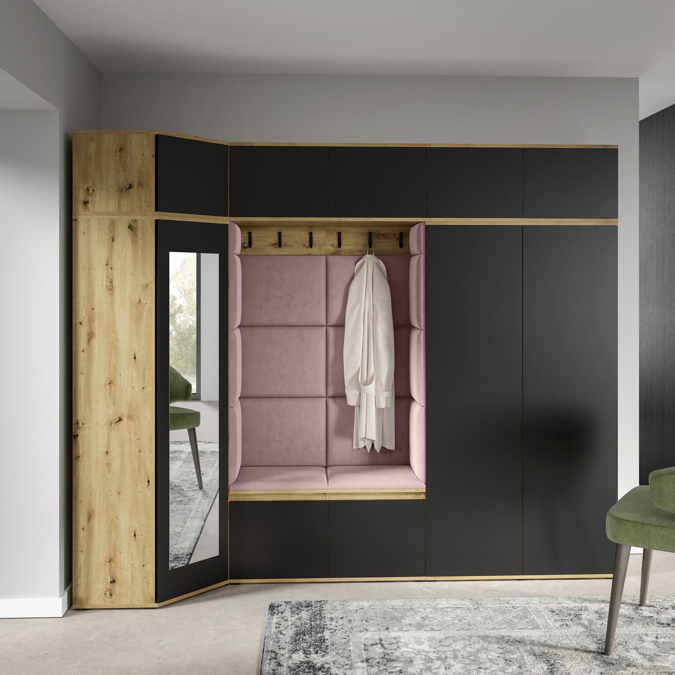 PK Emi 39 Hallway Wardrobe Artisan Oak / Black - Upholstered Panels in Various Colours