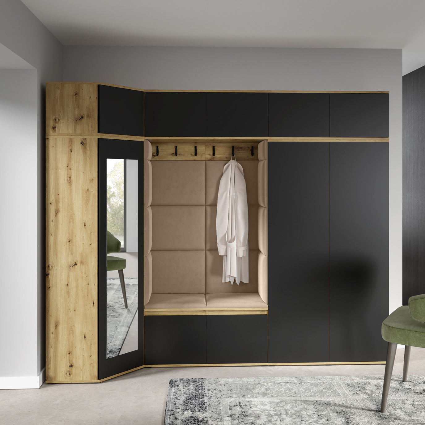 PK Emi 39 Hallway Wardrobe Artisan Oak / Black - Upholstered Panels in Various Colours