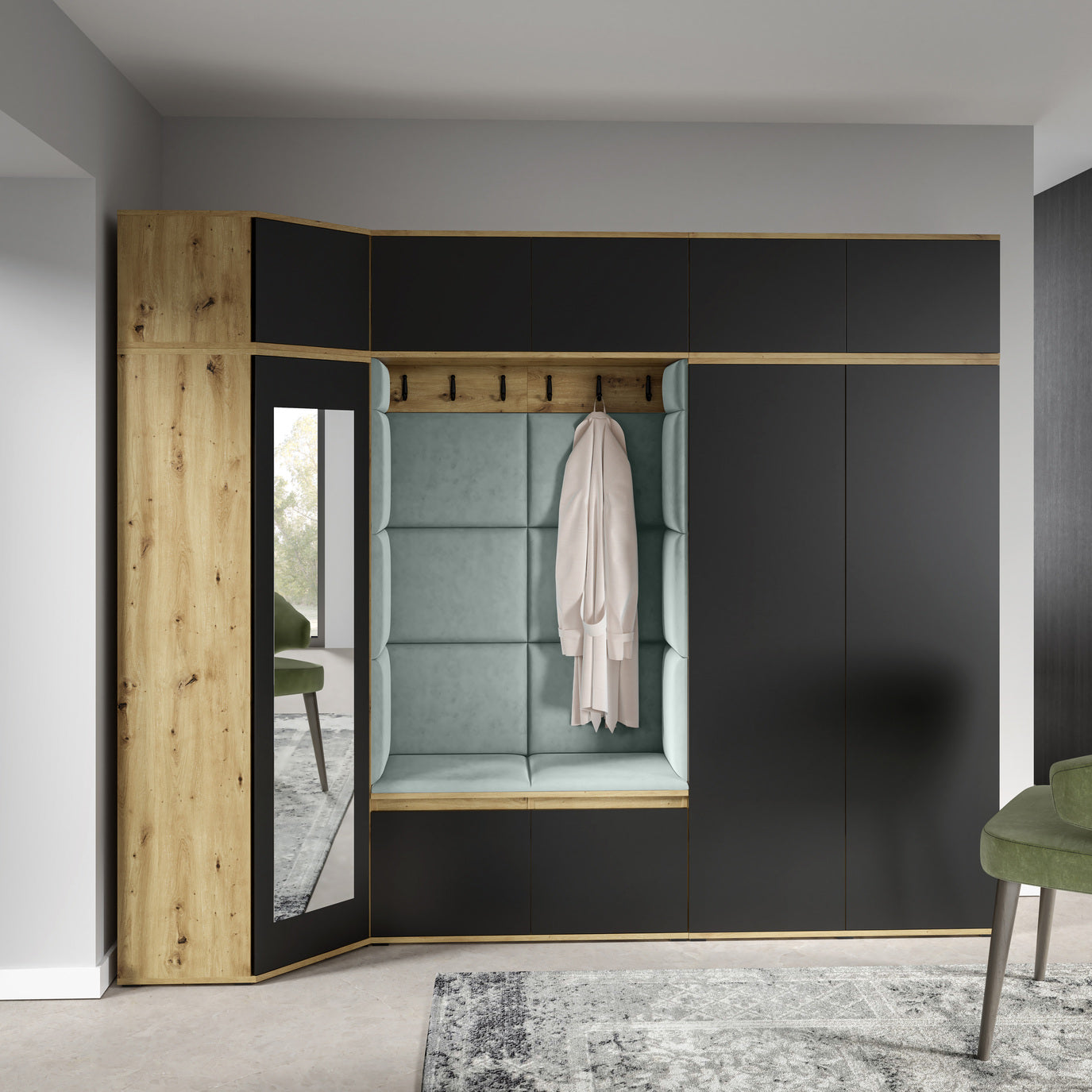 PK Emi 39 Hallway Wardrobe Artisan Oak / Black - Upholstered Panels in Various Colours