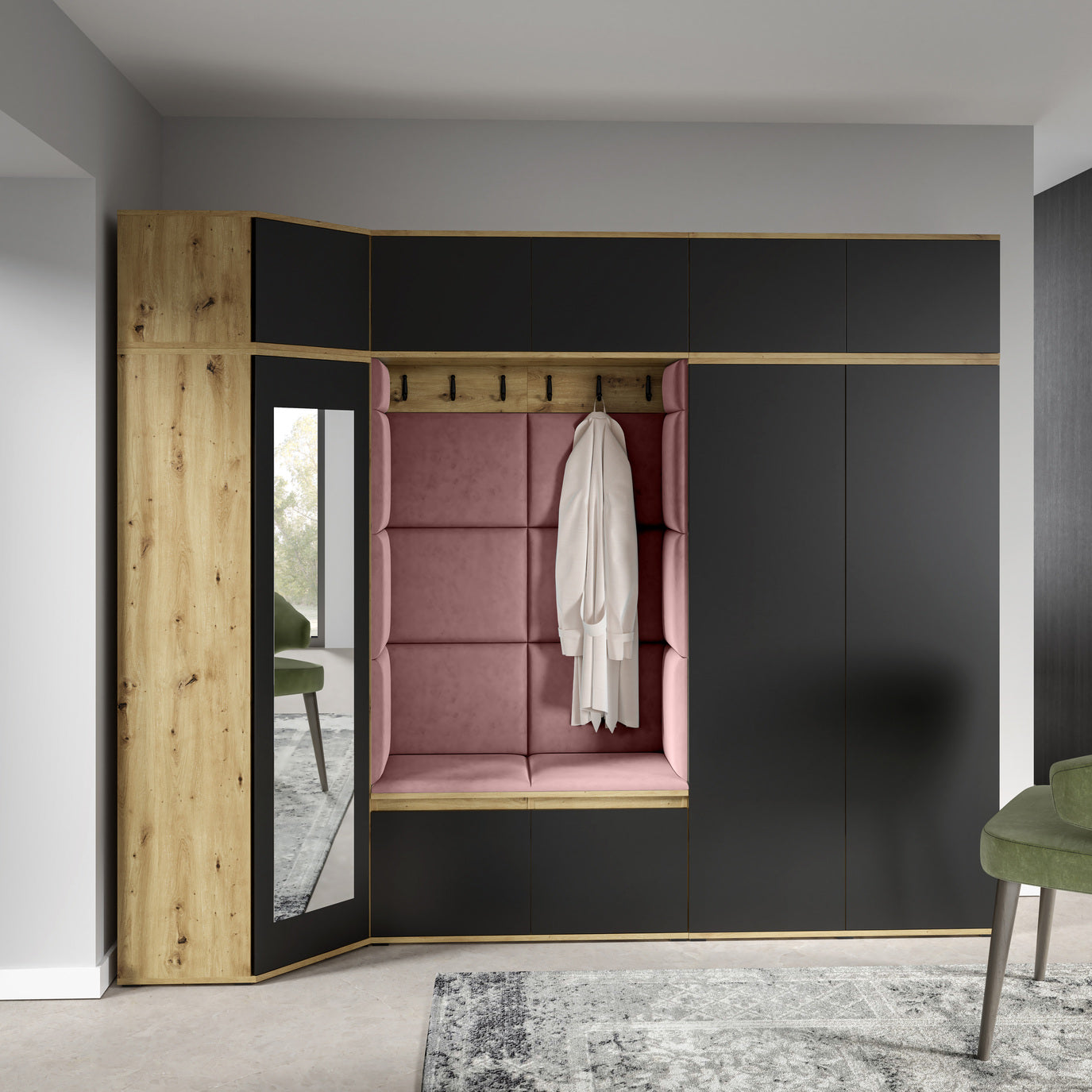 PK Emi 39 Hallway Wardrobe Artisan Oak / Black - Upholstered Panels in Various Colours