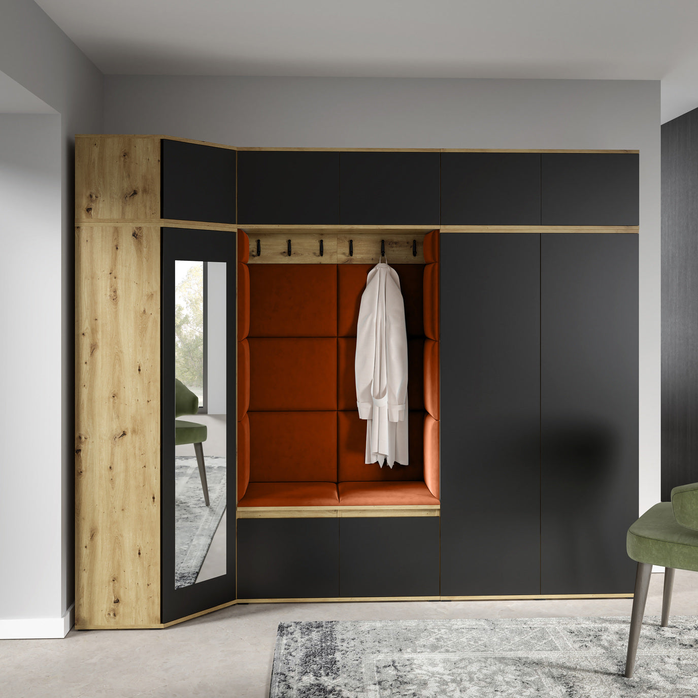 PK Emi 39 Hallway Wardrobe Artisan Oak / Black - Upholstered Panels in Various Colours