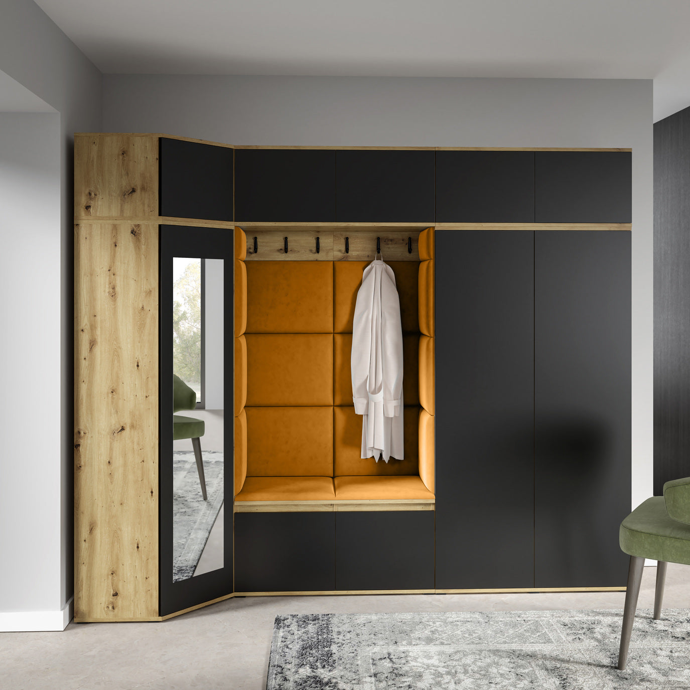 PK Emi 39 Hallway Wardrobe Artisan Oak / Black - Upholstered Panels in Various Colours