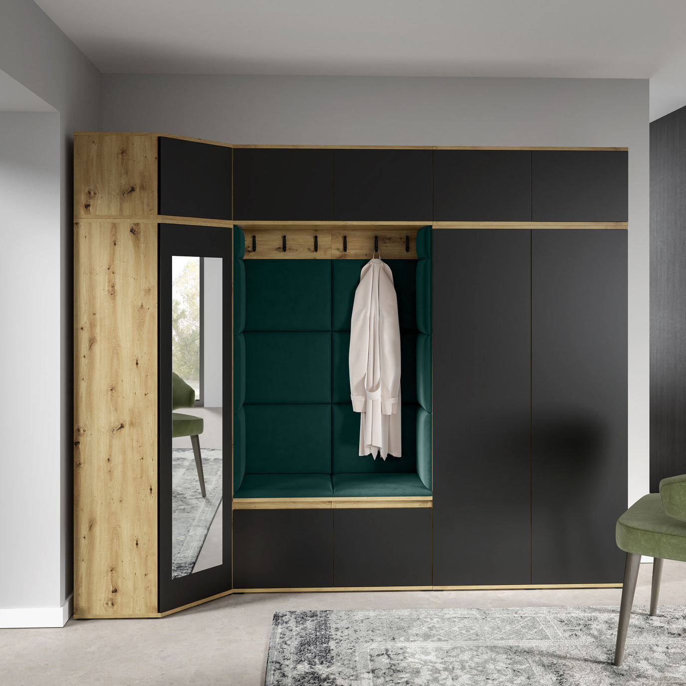PK Emi 39 Hallway Wardrobe Artisan Oak / Black - Upholstered Panels in Various Colours