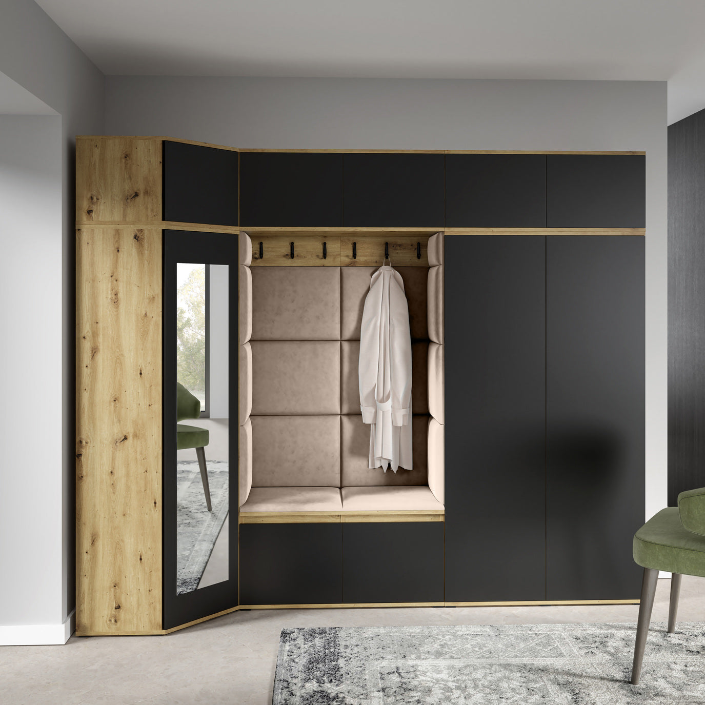 PK Emi 39 Hallway Wardrobe Artisan Oak / Black - Upholstered Panels in Various Colours