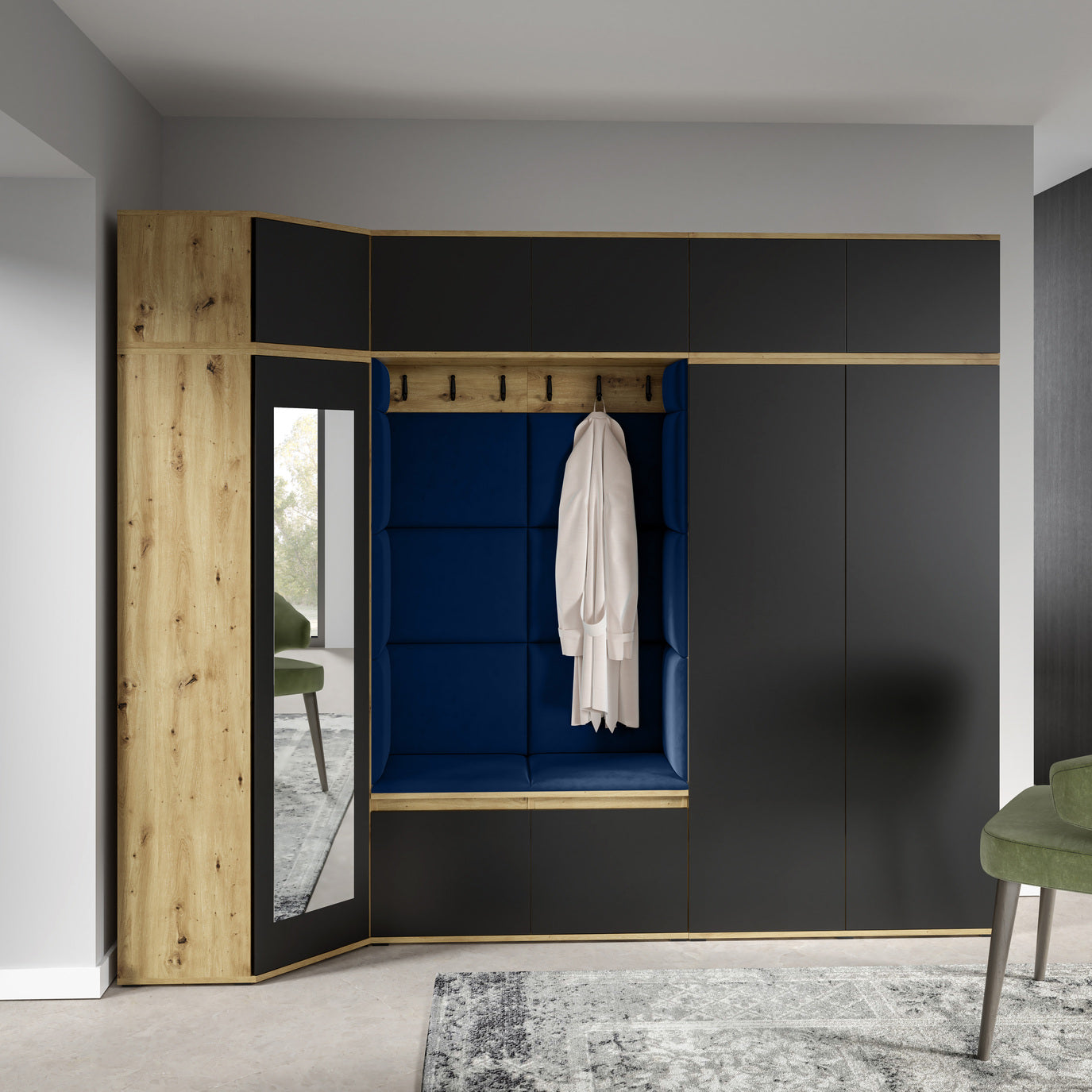 PK Emi 39 Hallway Wardrobe Artisan Oak / Black - Upholstered Panels in Various Colours
