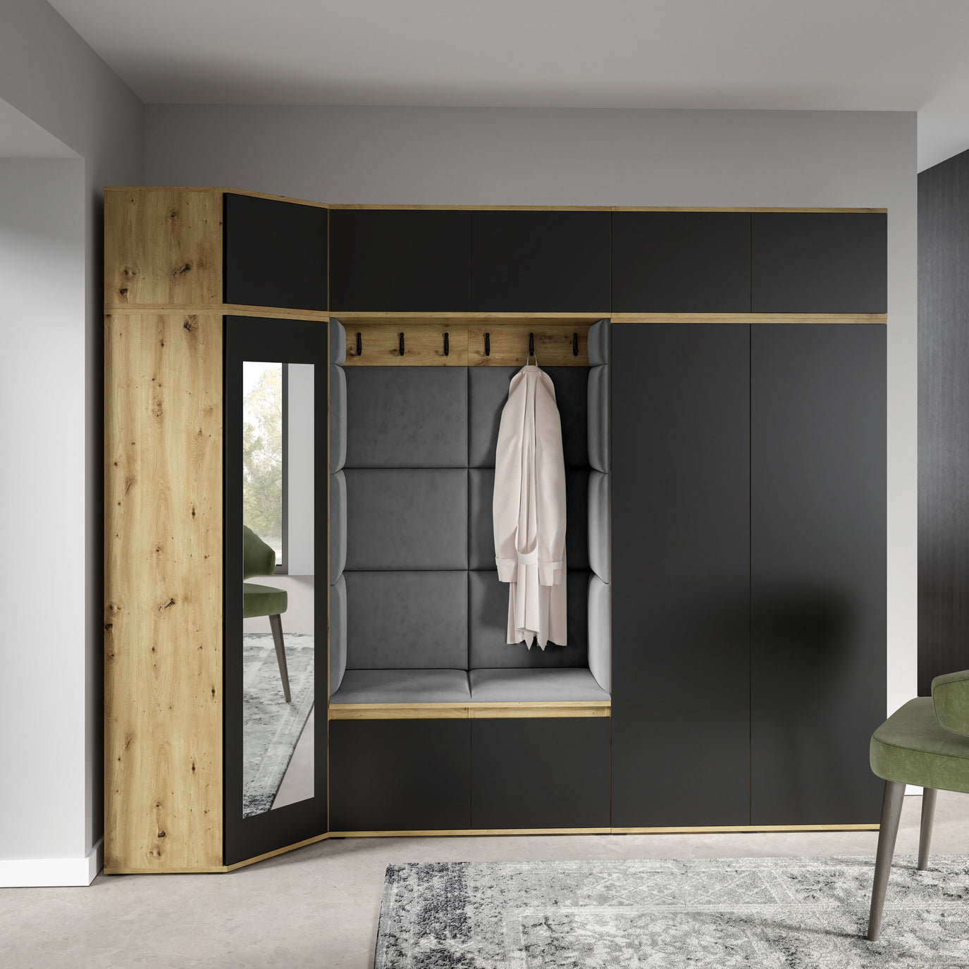 PK Emi 39 Hallway Wardrobe Artisan Oak / Black - Upholstered Panels in Various Colours