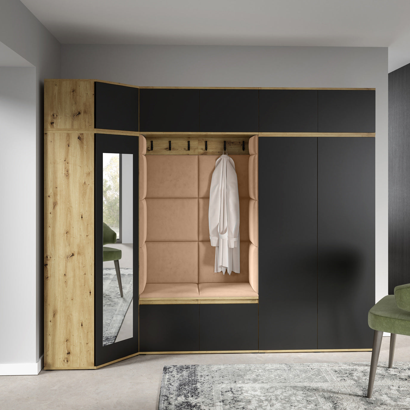 PK Emi 39 Hallway Wardrobe Artisan Oak / Black - Upholstered Panels in Various Colours