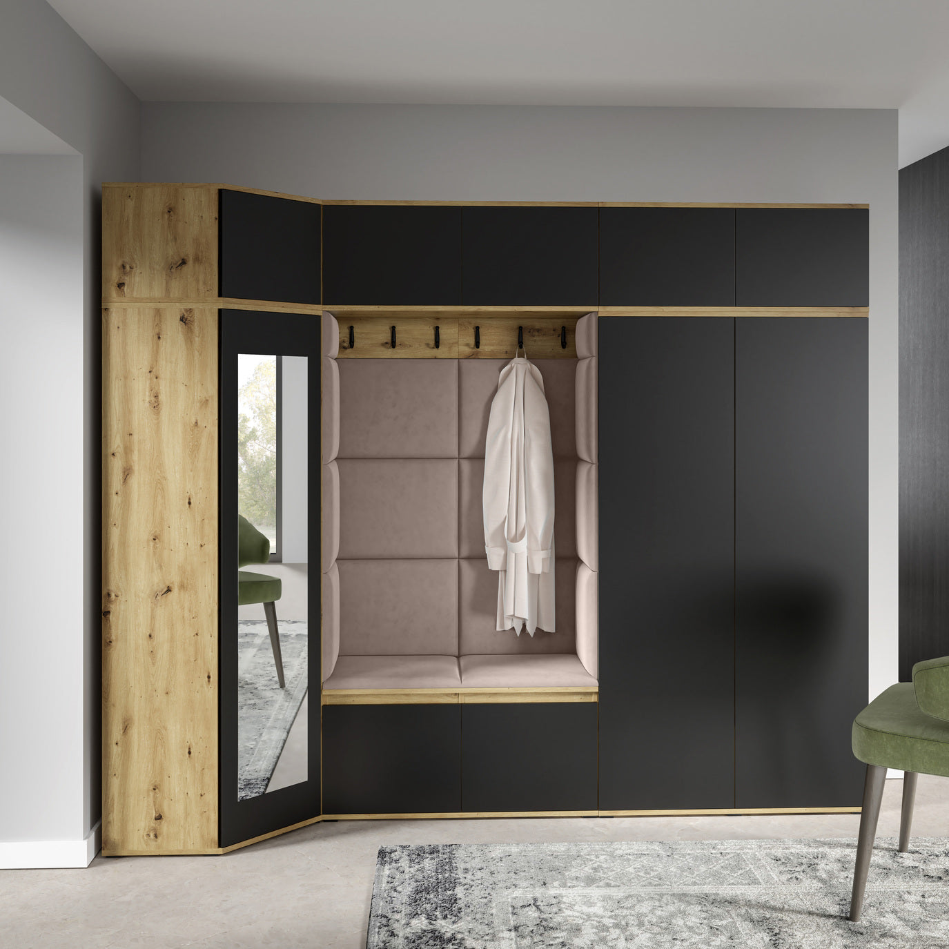 PK Emi 39 Hallway Wardrobe Artisan Oak / Black - Upholstered Panels in Various Colours