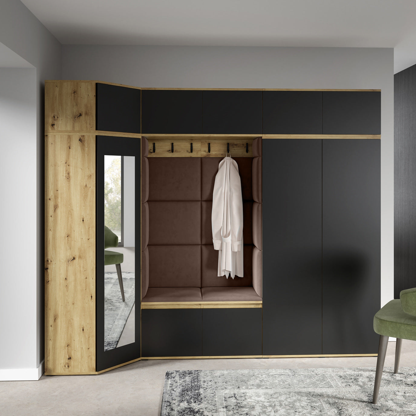PK Emi 39 Hallway Wardrobe Artisan Oak / Black - Upholstered Panels in Various Colours