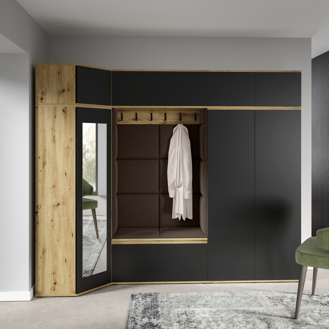 PK Emi 39 Hallway Wardrobe Artisan Oak / Black - Upholstered Panels in Various Colours