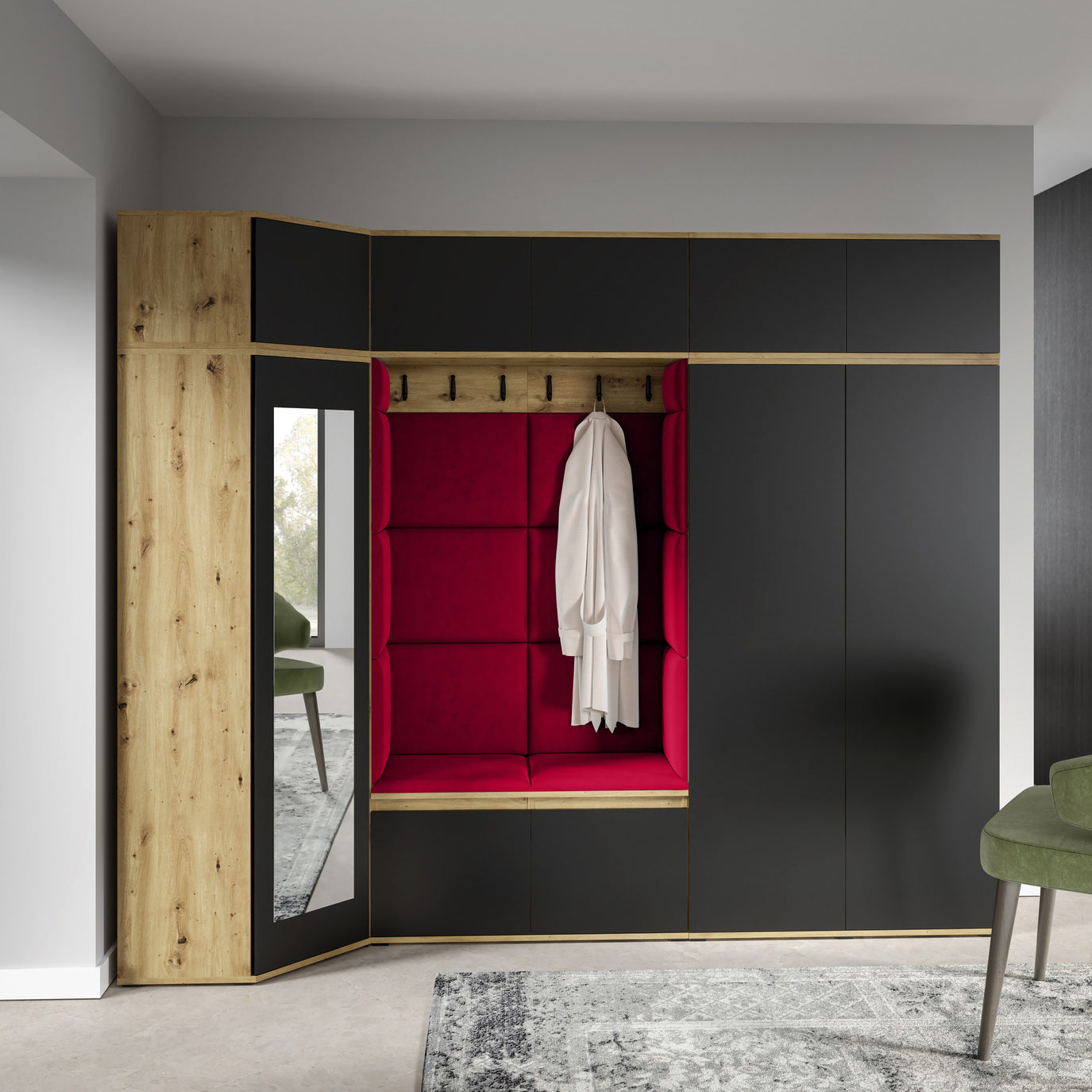 PK Emi 39 Hallway Wardrobe Artisan Oak / Black - Upholstered Panels in Various Colours