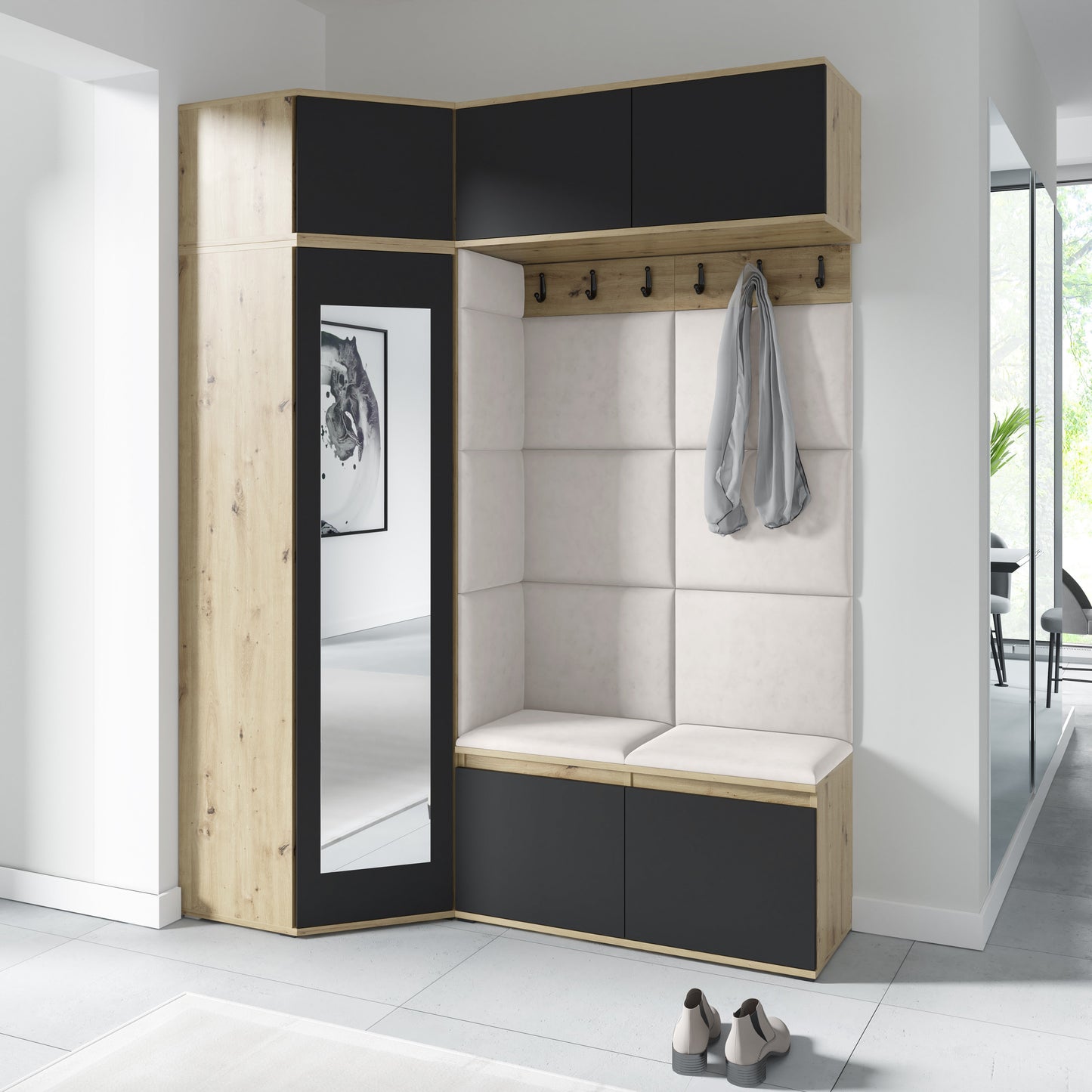 PK Emi 38 Hallway Wardrobe Aristan Oak\Black - Upholstered Panels in Various Colours