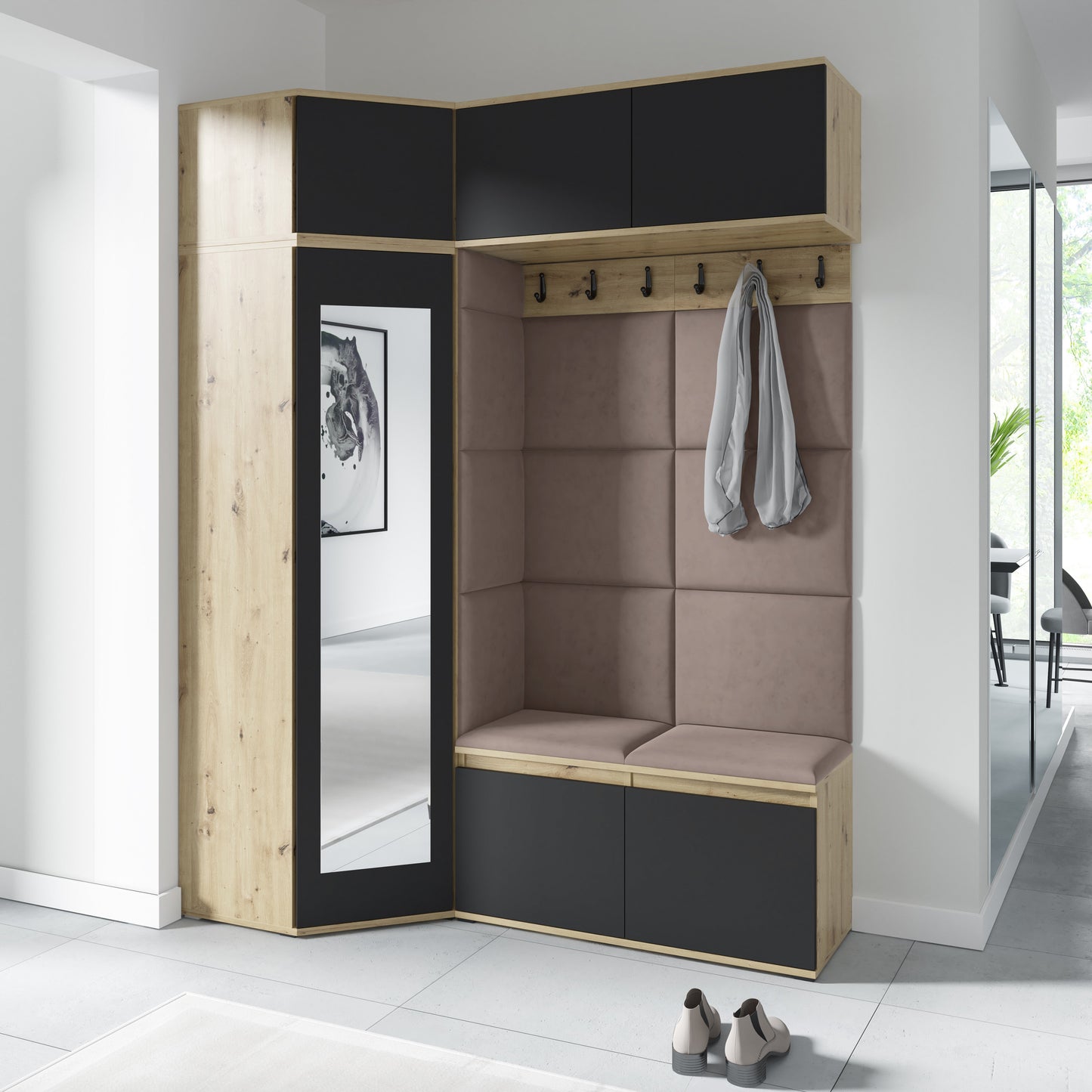 PK Emi 38 Hallway Wardrobe Aristan Oak\Black - Upholstered Panels in Various Colours