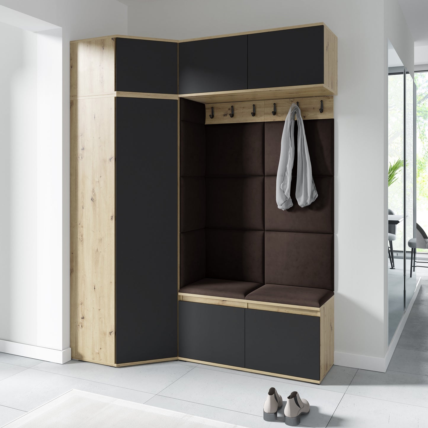 PK Emi 38 Hallway Wardrobe Aristan Oak\Black - Upholstered Panels in Various Colours