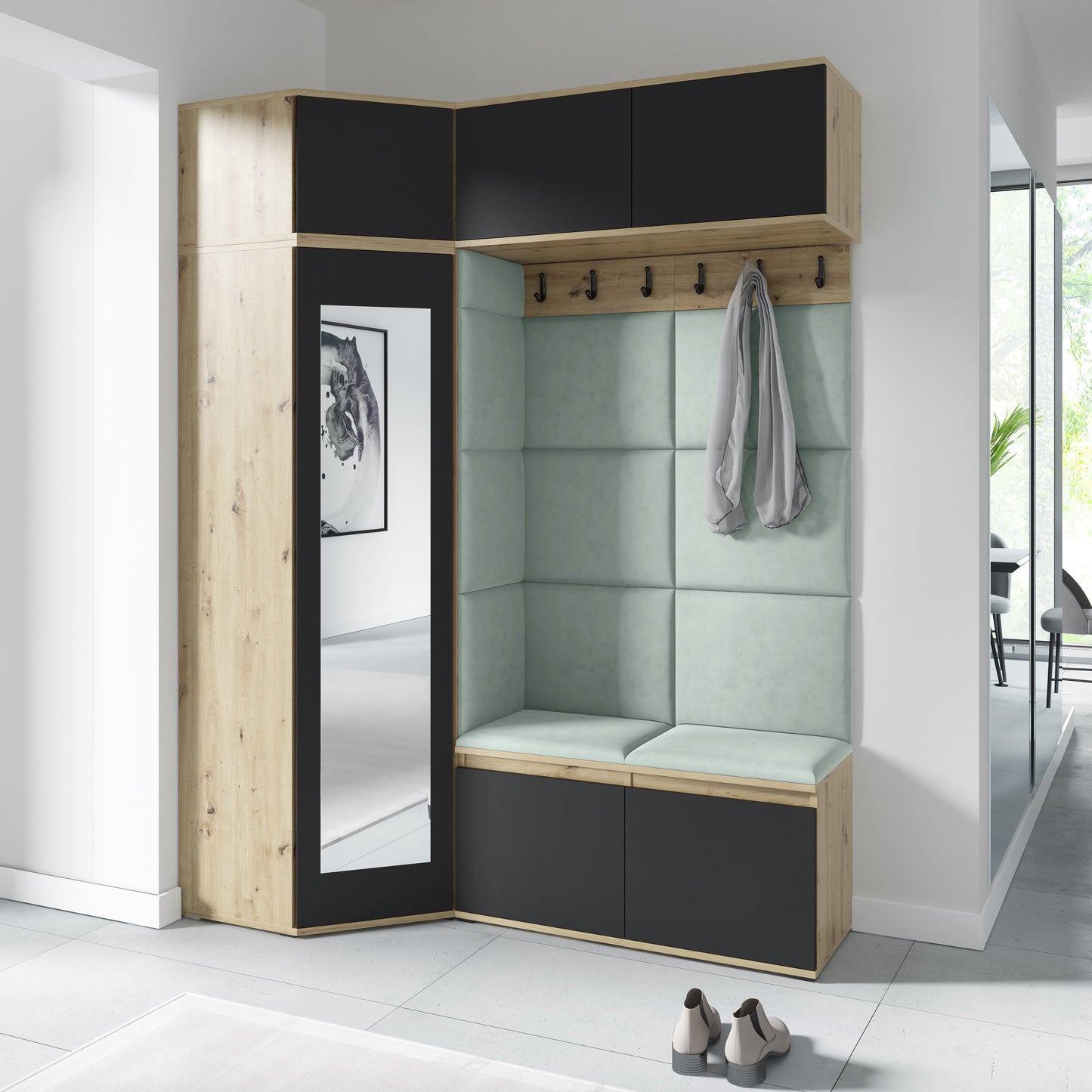 PK Emi 38 Hallway Wardrobe Aristan Oak\Black - Upholstered Panels in Various Colours