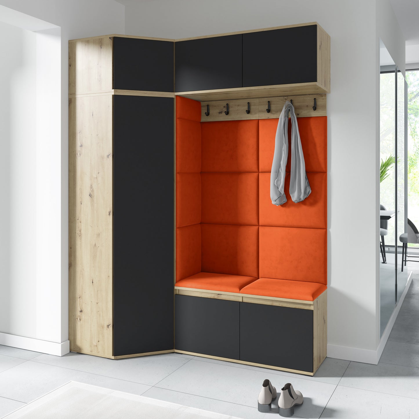 PK Emi 38 Hallway Wardrobe Aristan Oak\Black - Upholstered Panels in Various Colours