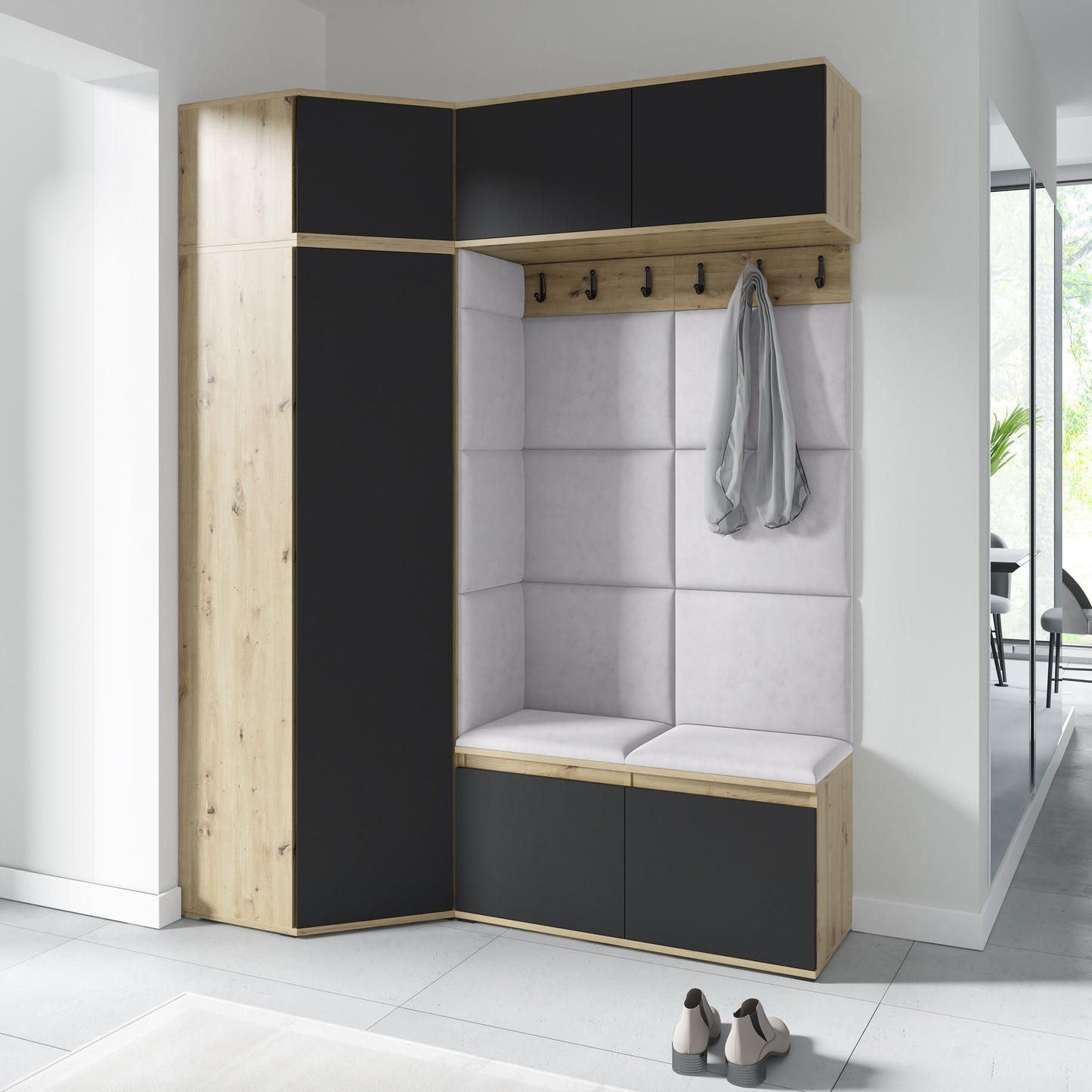 PK Emi 38 Hallway Wardrobe Aristan Oak\Black - Upholstered Panels in Various Colours